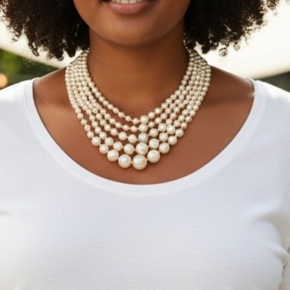 Vintage 5 Strand‎ Pearl Bib Choker Necklace Hand Knotted Coquette Bridal